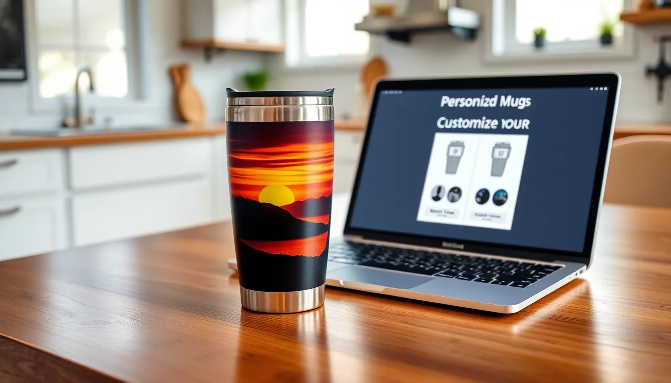 a personalized photo travel mug on a modern kitchen table.