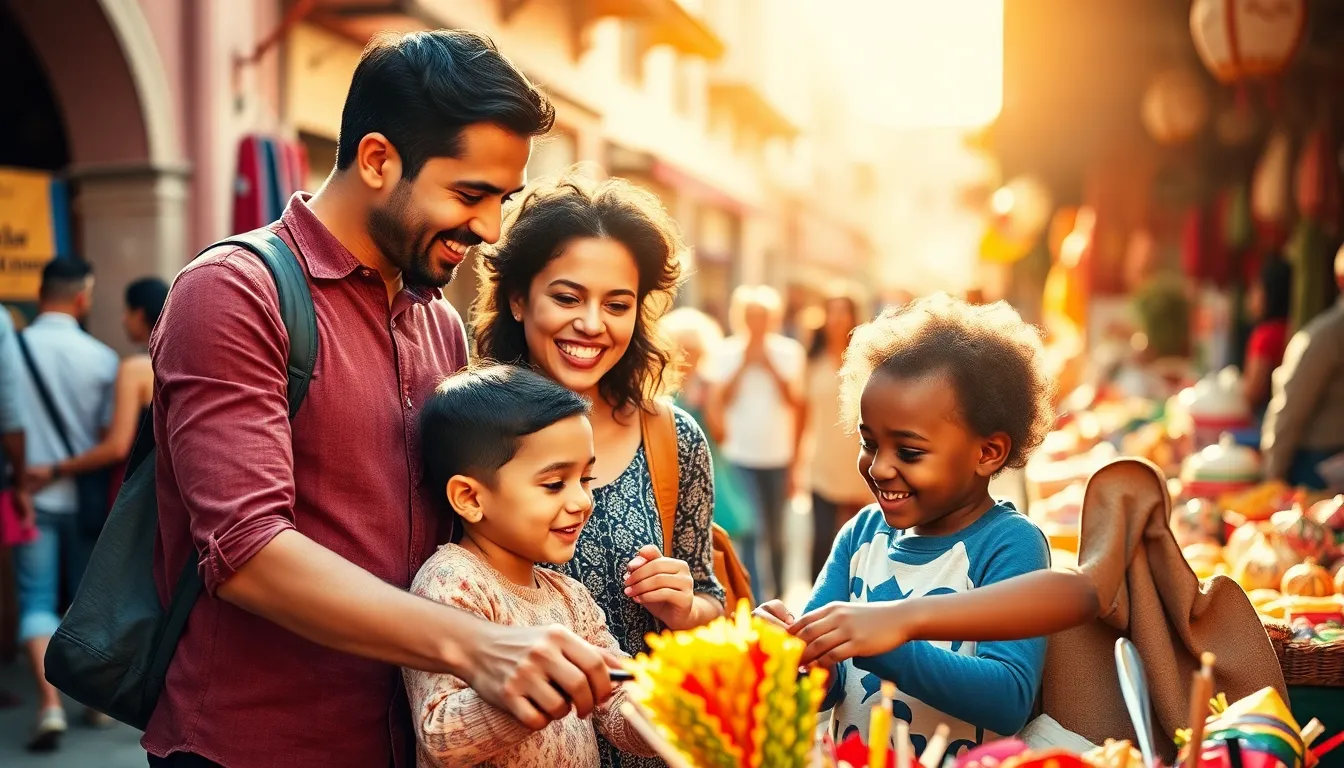 family enjoying a vibrant market, highlighting the joy of travel.