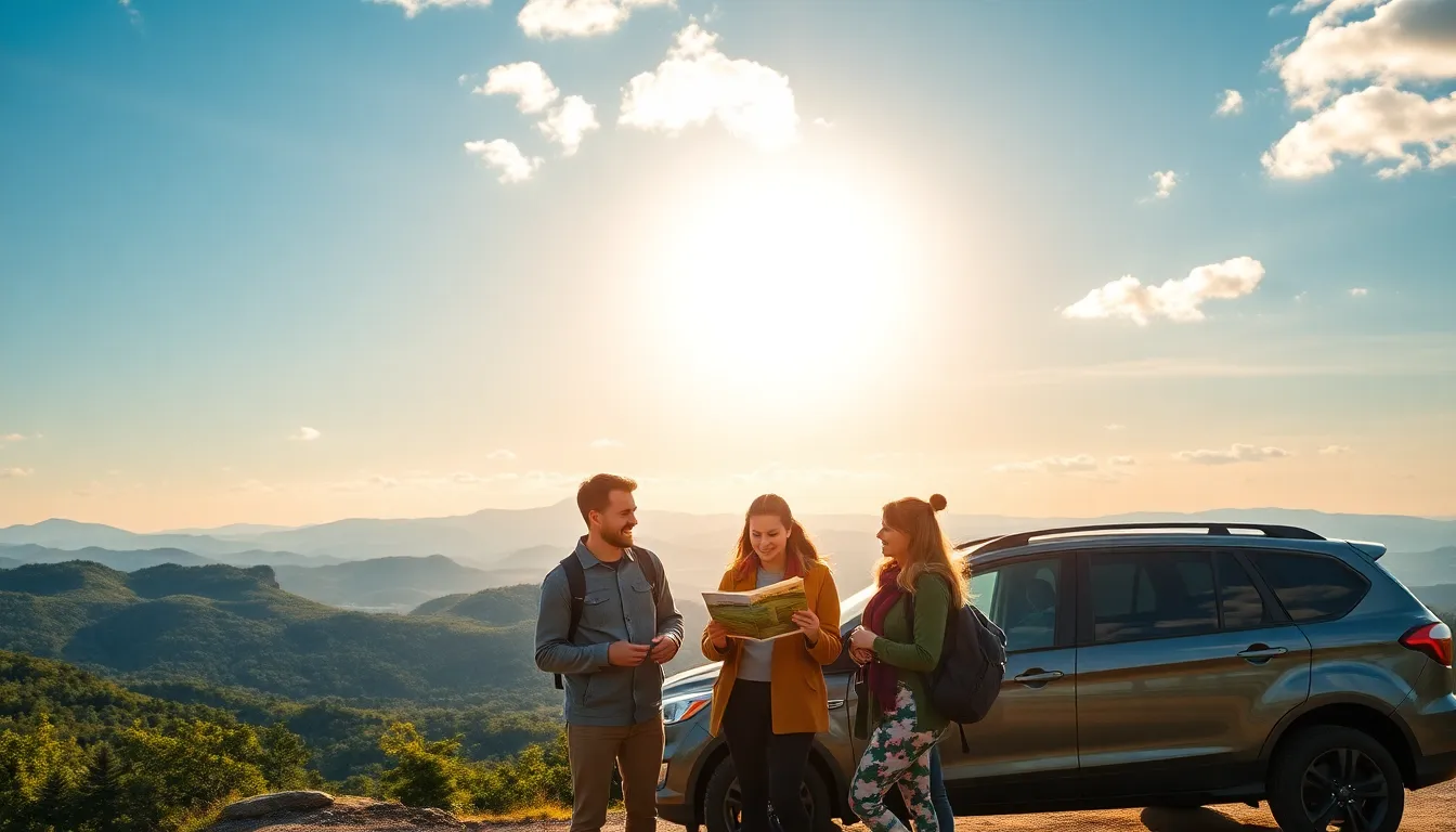 Travelers discussing a guide against the backdrop of the Appalachian Mountains.