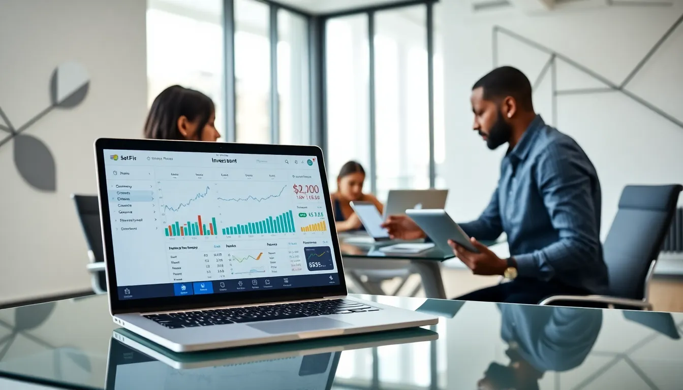 diverse professionals discussing digital investment options in a modern office.